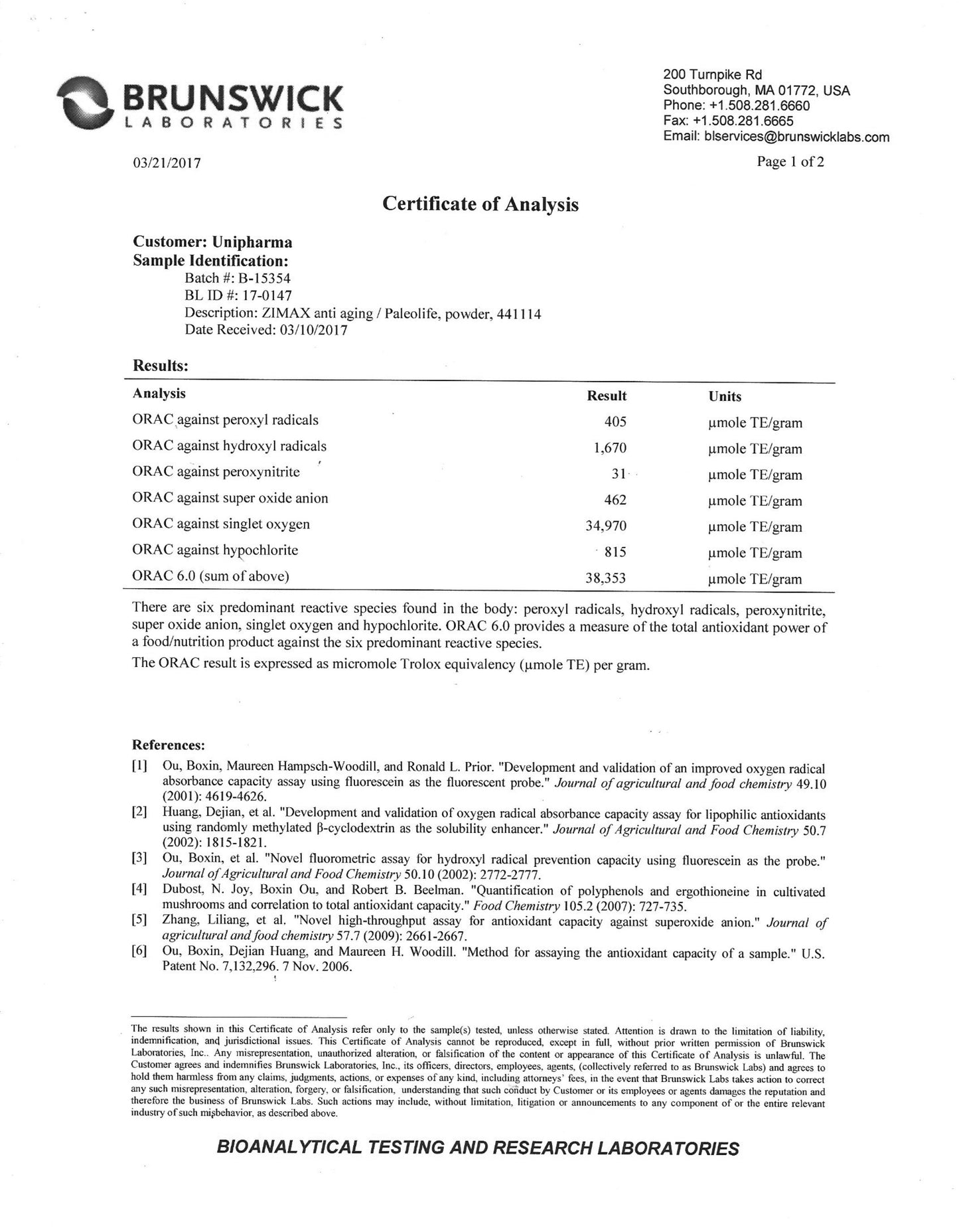 ORAC Value Zimax certification determined by FDA Approved Brunswick Labs